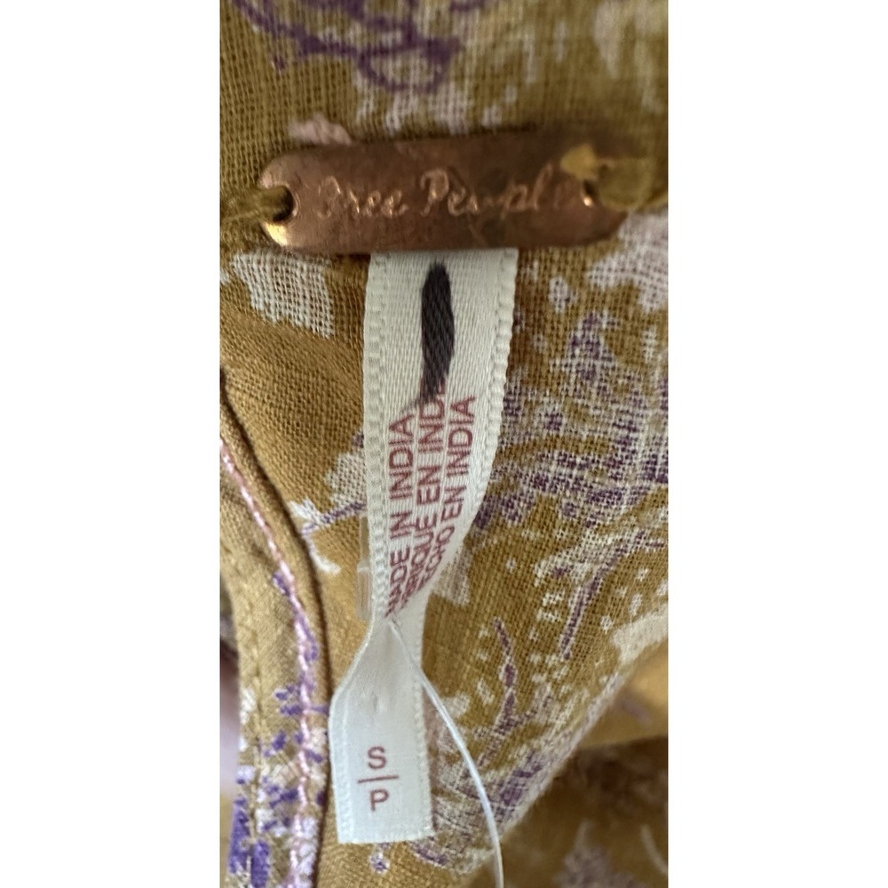 Free People Boho Floral Puff Sleeve Open Back Crop Top Mustard Purple Sz S - Picture 10 of 12